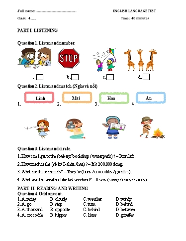 Đề kiểm tra học kì II môn Tiếng Anh Lớp 4 (Có đáp án)
