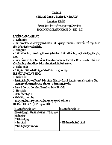 Kế hoạch bài dạy Âm nhạc & Đạo đức Khối Tiểu học - Tuần 11 - Năm học 2023-2024 - Nguyễn Thị Huế