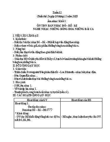 Kế hoạch bài dạy Âm nhạc & Đạo đức Khối Tiểu học - Tuần 12 - Năm học 2023-2024 - Nguyễn Thị Huế