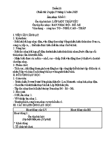 Kế hoạch bài dạy Âm nhạc & Đạo đức Khối Tiểu học - Tuần 13 - Năm học 2023-2024 - Nguyễn Thị Huế