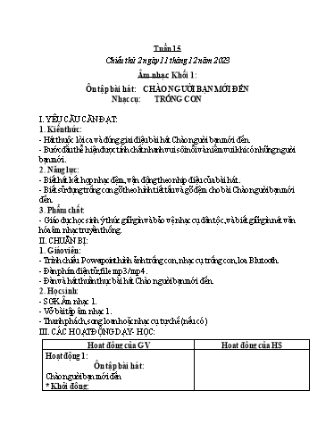 Kế hoạch bài dạy Âm nhạc & Đạo đức Khối Tiểu học - Tuần 15 - Năm học 2023-2024 - Nguyễn Thị Huế