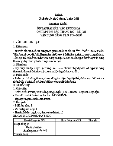 Kế hoạch bài dạy Âm nhạc & Đạo đức Khối Tiểu học - Tuần 5 - Năm học 2023-2024 - Nguyễn Thị Huế