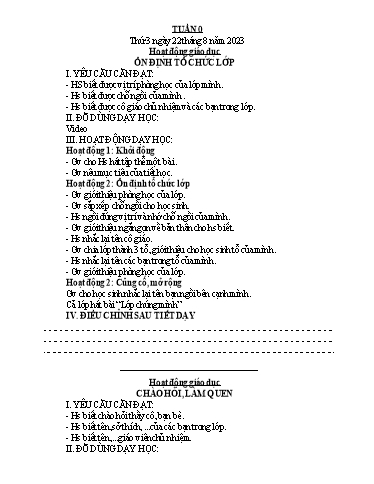 Kế hoạch bài dạy các môn Lớp 1 - Tuần 0 - Năm học 2023-2024 - Nguyễn Thị Phương