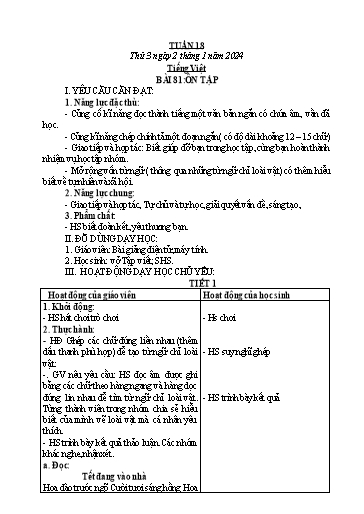 Kế hoạch bài dạy các môn Lớp 1 - Tuần 18 - Năm học 2023-2024 - Lê Thị Kim Hiền