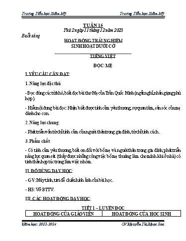 Kế hoạch bài dạy các môn Lớp 2 - Tuần 15 - Năm học 2023-2024 - Nguyễn Thị Ngọc Soa