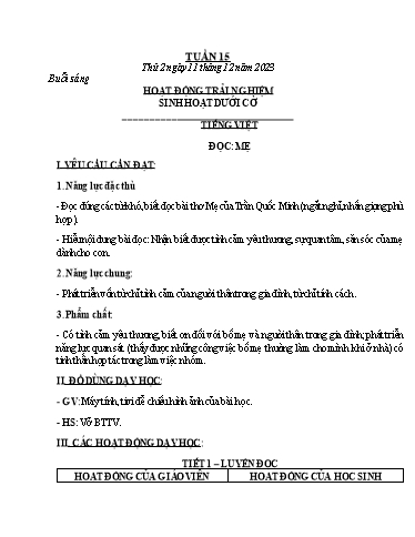 Kế hoạch bài dạy các môn Lớp 2 - Tuần 15 - Năm học 2023-2024 - Nguyễn Thị Ngọc Soa