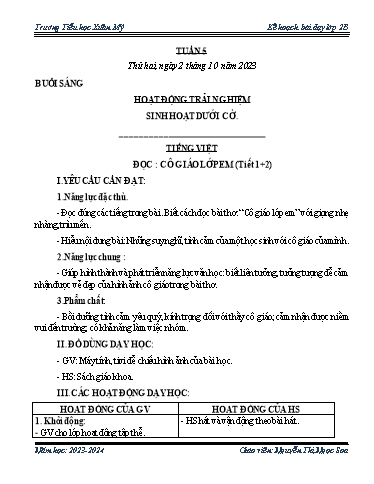 Kế hoạch bài dạy các môn Lớp 2 - Tuần 5 - Năm học 2023-2024 - Nguyễn Thị Ngọc Soa