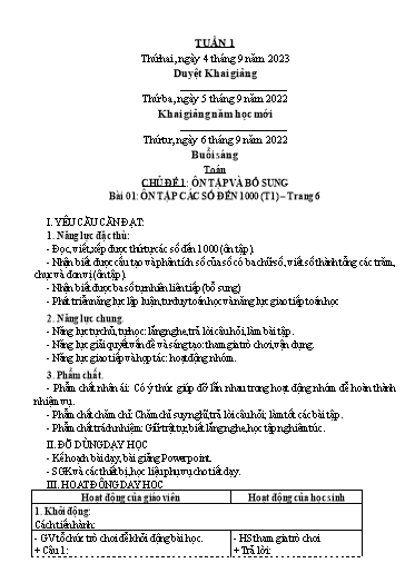 Kế hoạch bài dạy các môn Lớp 3 - Tuần 1 - Năm học 2023-2024 - Nguyễn Thị Dung