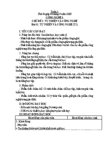 Kế hoạch bài dạy Công Nghệ & Mĩ Thuật Lớp 3+4+5 - Tuần 1 - Năm học 2023-2024 - Đặng Thị Hằng