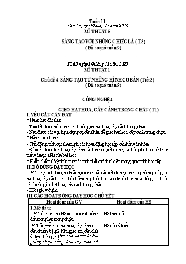 Kế hoạch bài dạy Công Nghệ & Mĩ Thuật Lớp 3+4+5 - Tuần 11 - Năm học 2023-2024 - Đặng Thị Hằng