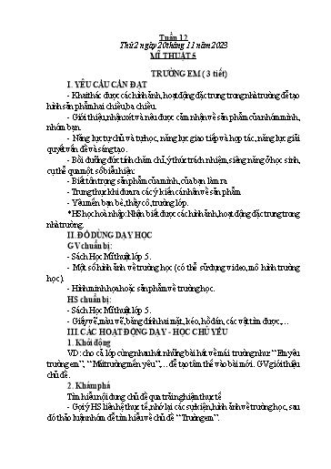 Kế hoạch bài dạy Công Nghệ & Mĩ Thuật Lớp 3+4+5 - Tuần 12 - Năm học 2023-2024 - Đặng Thị Hằng