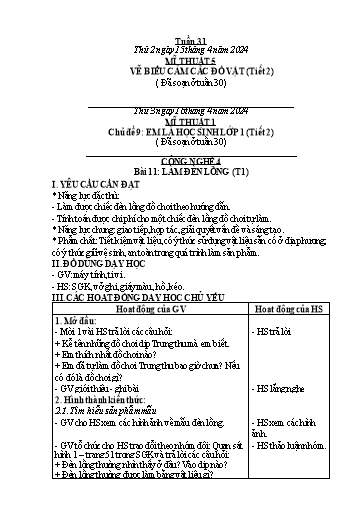 Kế hoạch bài dạy Công Nghệ & Mĩ Thuật Lớp 3+4+5 - Tuần 31 - Năm học 2023-2024 - Đặng Thị Hằng