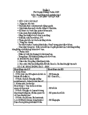 Kế hoạch bài dạy Hoạt động trải nghiệm Lớp 1+2 - Tuần 1 - Năm học 2023-2024 - Trần Thị Huệ