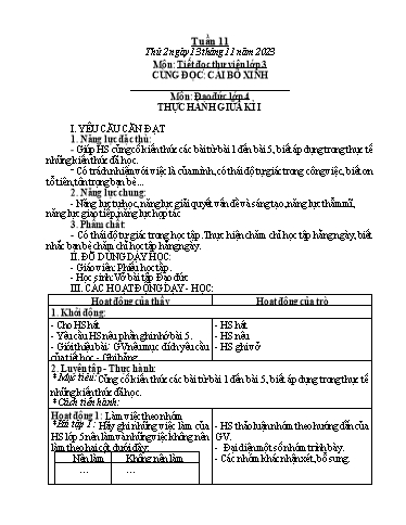 Kế hoạch bài dạy Hoạt động trải nghiệm Lớp 1+2 - Tuần 11 - Năm học 2023-2024 - Trần Thị Huệ