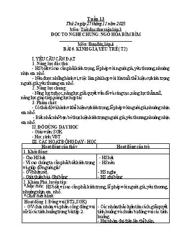 Kế hoạch bài dạy Hoạt động trải nghiệm Lớp 1+2 - Tuần 13 - Năm học 2023-2024 - Trần Thị Huệ