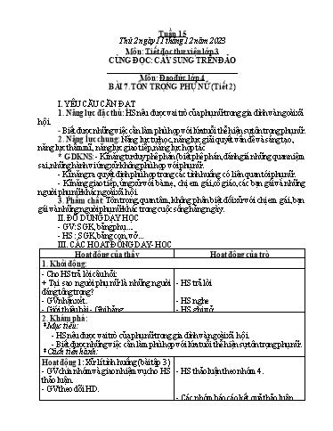 Kế hoạch bài dạy Hoạt động trải nghiệm Lớp 1+2 - Tuần 15 - Năm học 2023-2024 - Trần Thị Huệ