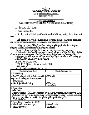 Kế hoạch bài dạy Hoạt động trải nghiệm Lớp 1+2 - Tuần 17 - Năm học 2023-2024 - Trần Thị Huệ