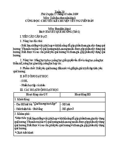 Kế hoạch bài dạy Hoạt động trải nghiệm Lớp 1+2 - Tuần 20 - Năm học 2023-2024 - Trần Thị Huệ