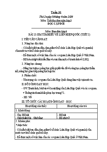 Kế hoạch bài dạy Hoạt động trải nghiệm Lớp 1+2 - Tuần 30 - Năm học 2023-2024 - Trần Thị Huệ