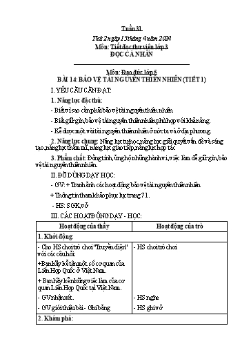 Kế hoạch bài dạy Hoạt động trải nghiệm Lớp 1+2 - Tuần 31 - Năm học 2023-2024 - Trần Thị Huệ