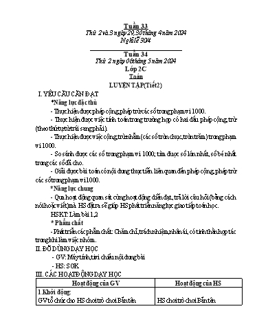 Kế hoạch bài dạy môn Toán Lớp 2+5 - Tuần 33 - Năm học 2023-2024 - Trần Thị Tuyết