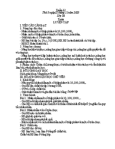 Kế hoạch bài dạy môn Toán Lớp 5 - Tuần 12: Luyện tập - Năm học 2023-2024 - Trần Thị Tuyết