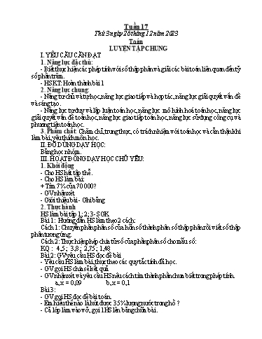 Kế hoạch bài dạy môn Toán Lớp 5 - Tuần 17: Luyện tập chung - Năm học 2023-2024 - Trần Thị Tuyết