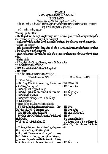 Kế hoạch bài dạy môn Tự nhiên và Xã hội Lớp 1+2+3 - Tuần 21 - Năm học 2023-2024 - Hà Văn Sơn