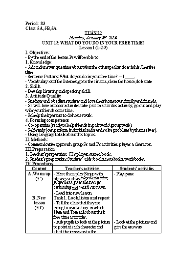 Kế hoạch bài dạy Tiếng Anh Khối 5 - Tuần 22 - Unit 13: What do you do in your free time - Năm học 2023-2024 - Nguyễn Lê Vân Anh