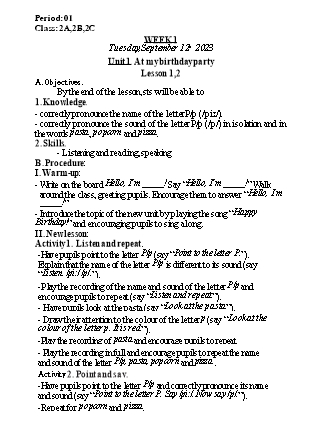 Kế hoạch bài dạy Tiếng Anh Lớp 2 - Tuần 1. Unit 1: At my birthday party - Lesson 1+2. Period 1 - Năm học 2023-2024 - Nguyễn Lê Vân Anh