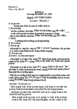 Kế hoạch bài dạy Tiếng Anh Lớp 2 - Tuần 12. Unit 6: On the farm - Lesson 1. Period 1+2 - Năm học 2023-2024 - Nguyễn Lê Vân Anh