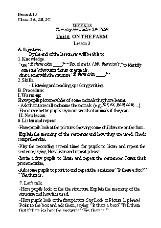 Kế hoạch bài dạy Tiếng Anh Lớp 2 - Tuần 13. Unit 6: On the farm - Lesson 3. Period 13 - Năm học 2023-2024 - Nguyễn Lê Vân Anh