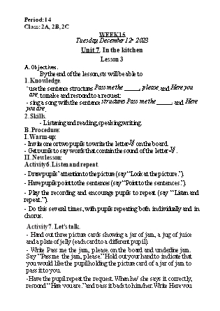 Kế hoạch bài dạy Tiếng Anh Lớp 2 - Tuần 15. Unit 7: In the kitchen - Lesson 3. Period 14 - Năm học 2023-2024 - Nguyễn Lê Vân Anh