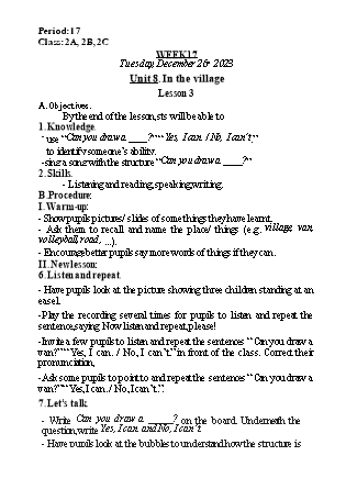 Kế hoạch bài dạy Tiếng Anh Lớp 2 - Tuần 17. Unit 8: In the village - Lesson 3. Period 17 - Năm học 2023-2024 - Nguyễn Lê Vân Anh
