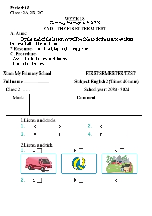 Kế hoạch bài dạy Tiếng Anh Lớp 2 - Tuần 18: First semester test - Năm học 2023-2024 - Nguyễn Lê Vân Anh