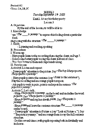 Kế hoạch bài dạy Tiếng Anh Lớp 2 - Tuần 2. Unit 1: At my birthday party - Lesson 3. Period 2 - Năm học 2023-2024 - Nguyễn Lê Vân Anh