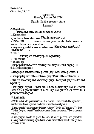 Kế hoạch bài dạy Tiếng Anh Lớp 2 - Tuần 20. Unit 9: In the grocery store - Lesson 3. Period 20 - Năm học 2023-2024 - Nguyễn Lê Vân Anh