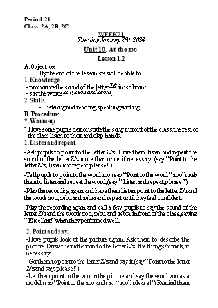 Kế hoạch bài dạy Tiếng Anh Lớp 2 - Tuần 21. Unit 10: At the zoo - Lesson 1+2. Period 21 - Năm học 2023-2024 - Nguyễn Lê Vân An