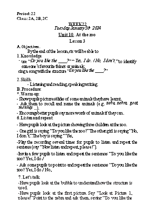 Kế hoạch bài dạy Tiếng Anh Lớp 2 - Tuần 22. Unit 10: At the zoo - Lesson 3. Period 22 - Năm học 2023-2024 - Nguyễn Lê Vân Anh