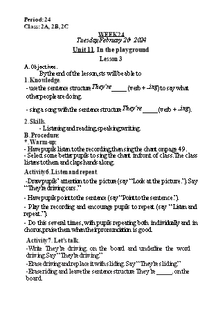 Kế hoạch bài dạy Tiếng Anh Lớp 2 - Tuần 24. Unit 11: In the playground - Lesson 3. Period 24 - Năm học 2023-2024 - Nguyễn Lê Vân Anh