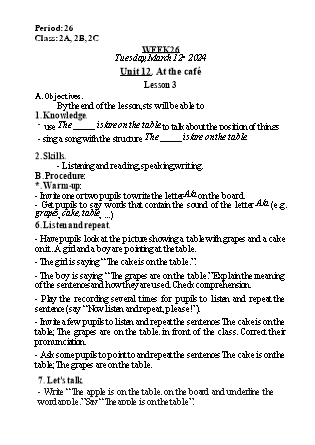 Kế hoạch bài dạy Tiếng Anh Lớp 2 - Tuần 26. Unit 12: At the café - Lesson 3. Period 26 - Năm học 2023-2024 - Nguyễn Lê Vân Anh
