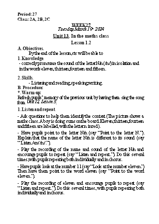 Kế hoạch bài dạy Tiếng Anh Lớp 2 - Tuần 27. Unit 13: In the maths class - Lesson 1+2. Period 27 - Năm học 2023-2024 - Nguyễn Lê Vân Anh