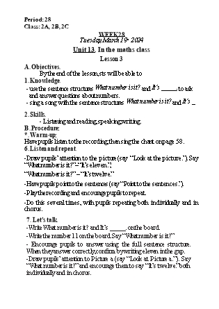 Kế hoạch bài dạy Tiếng Anh Lớp 2 - Tuần 28. Unit 13: In the maths class - Lesson 3. Period 28 - Năm học 2023-2024 - Nguyễn Lê Vân Anh