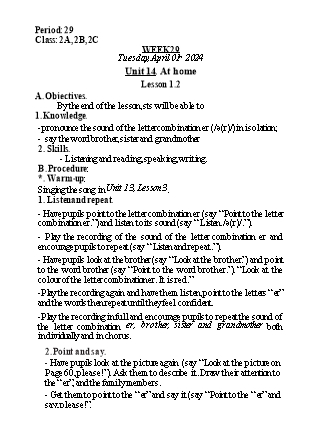 Kế hoạch bài dạy Tiếng Anh Lớp 2 - Tuần 29. Unit 14: At home - Lesson 1+2. Period 29 - Năm học 2023-2024 - Nguyễn Lê Vân Anh