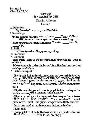 Kế hoạch bài dạy Tiếng Anh Lớp 2 - Tuần 31. Unit 14: At home - Lesson 3. Period 31 - Năm học 2023-2024 - Nguyễn Lê Vân Anh