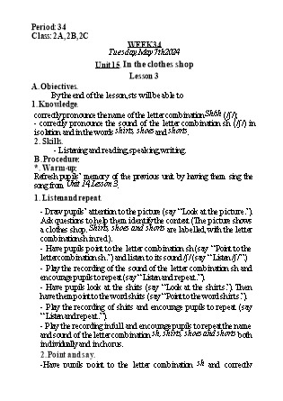 Kế hoạch bài dạy Tiếng Anh Lớp 2 - Tuần 34. Unit 15: In the clothes shop - Lesson 3. Period 34 - Năm học 2023-2024 - Nguyễn Lê Vân Anh