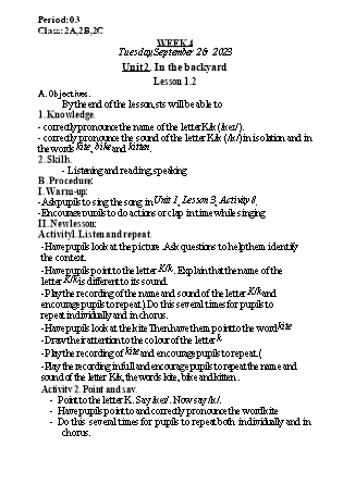 Kế hoạch bài dạy Tiếng Anh Lớp 2 - Tuần 4. Unit 2: In the backyard - Lesson 1+2. Period 3 - Năm học 2023-2024 - Nguyễn Lê Vân Anh