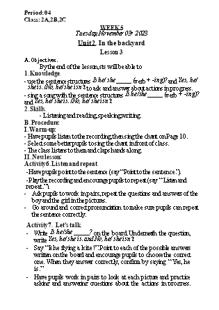 Kế hoạch bài dạy Tiếng Anh Lớp 2 - Tuần 5. Unit 2: In the backyard - Lesson 3. Period 4 - Năm học 2023-2024 - Nguyễn Lê Vân Anh