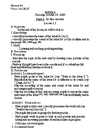 Kế hoạch bài dạy Tiếng Anh Lớp 2 - Tuần 6. Unit 3: At the seaside - Lesson 1+2. Period 5 - Năm học 2023-2024 - Nguyễn Lê Vân Anh
