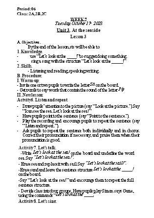 Kế hoạch bài dạy Tiếng Anh Lớp 2 - Tuần 7. Unit 3: At the seaside - Lesson 3. Period 6 - Năm học 2023-2024 - Nguyễn Lê Vân Anh